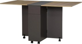 Mesa de jantar dobrável com rodas (CADEIRAS NÃO INLCUIDAS), com 2 gavetas e 1 armário para arrumação, 76 x 140 x 74 cm castanho e cinzento