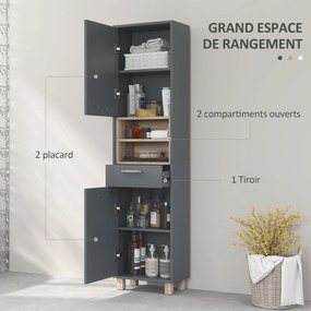 Coluna de casa de banho, móvel de arrumação para casa de banho com 2 armários, uma gaveta e 2 compartimentos abertos, cinzento