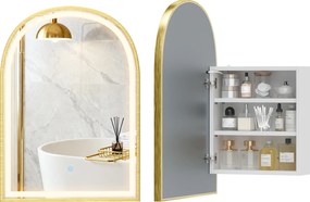 Armário de parede para casa de banho 50 x 14,5 x 70 cm com espelho e iluminação LED, porta arqueada, antiembaciamento, dourado