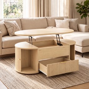 Mesa de Centro com Tampo Elevatório Oval Compartimento Oculto Gaveta Canelada Portas de Correr e Armários 100x50x40 cm Cor Carvalho