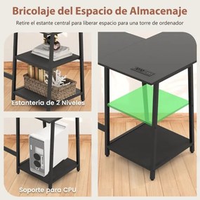 Secretária em forma de L com tomadas eléctricas e portas USB Secretária de canto de 120 cm com estantes Estação de trabalho multifunções Preta