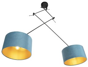 Candeeiro de suspensão preto com abajures de veludo azul e dourado 35 cm 2 luzes - Blitz Clássico / Antigo
