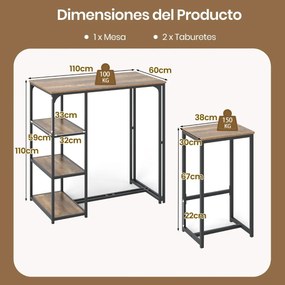 Conjunto de mesa de bar de 3 peças para 2 pessoas com 2 bancos 3 prateleiras Conjunto de móveis de bar Café