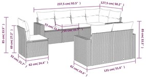 8 pcs conjunto sofás de jardim c/ almofadões vime PE cinzento
