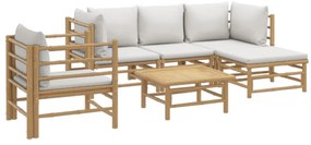 6 pcs conj. lounge de jardim bambu c/ almofadões cinzento-claro