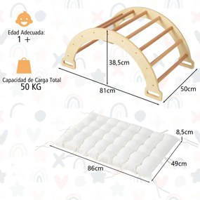 Triângulo de trepar 2 em 1 com almofada macia Balancim em arco de dupla face Brinquedo de trepar em madeira para crianças a partir dos 1 anos Natural