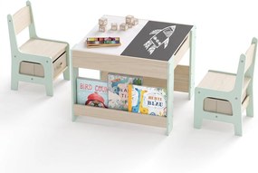 Conjunto de 1 Mesa de Atividades e 2 Cadeiras Infantis, 61,5 x 61,5 x 48 cm, Tampos Reversíveis com Quadro de Giz, Verde