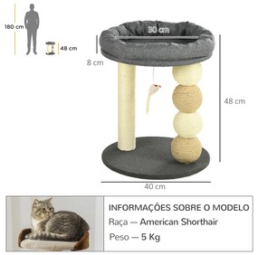 Arranhador para Gatos Pequeno Centro de Atividades para Gatos com Cama 4 Bolas e Postes de Sisal Ø40x48 cm Cinza e Bege