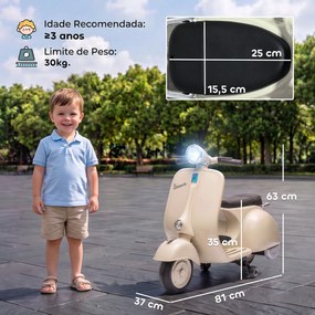 Mota Elétrica Infantil VESPA com Arranque Suave Rodinhas Luz Música e USB Bege