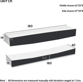 Móvel TV Suspenso de Parede com Luz LED – Amarante – 180x40 cm – Cinze
