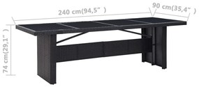 Mesa de jardim 240x90x74 cm vime PE e vidro preto