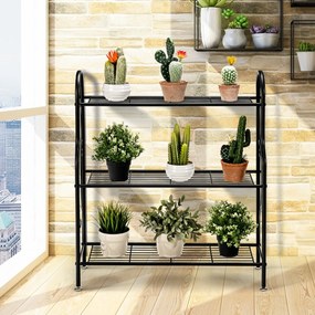 Estante metálica de 3 níveis para plantas com padrão de rolagem elegante e multifuncional 72 x 25 x 85 cm preto