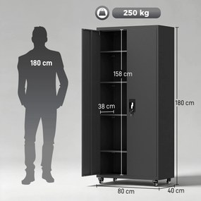 Armário de Ferramentas em Aço 180 cm com Rodas Amovíveis Prateleiras Ajustáveis e Carga 250 kg para Garagem Preto