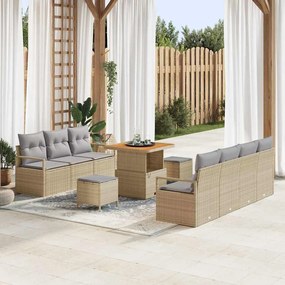 Conjunto de Sofás de Jardim 10 Peças com Almofadas Bege Poliratan Acácia