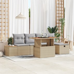 Conjunto de Sofá de Jardim com 6 Peças e Almofadas Bege Vime PE