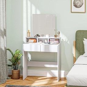 Toucador com espelho, mesa de maquilhagem com 2 gavetas e 3 compartimentos, estilo moderno, 75 x 38 x 135 cm, branco