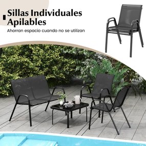 Conjunto de jardim exterior de 4 peças Mesa de café em vidro temperado Banco e 2 cadeiras individuais Tecido Textilene Mesa e cadeiras Cinzento