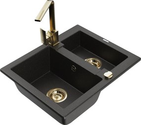 Mexen Carlos lava-loiças de granito com 1,5 bacias e torneira de cozinha Rita, preto/dourado metálico - 6518-75-670300-50