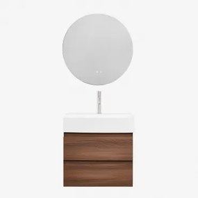 Conjunto De Móvel De Casa De Banho Suspenso Em Madeira E Folha De Freixo Com Lavatório Integrado Ona Madeira Escura & Redondo Led - Sklum