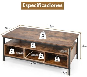 Mesa de centro 110 x 60 x 45 cm de 3 níveis com arrumação com estrutura metálica industrial Estante para sala de estar Castanho rústico