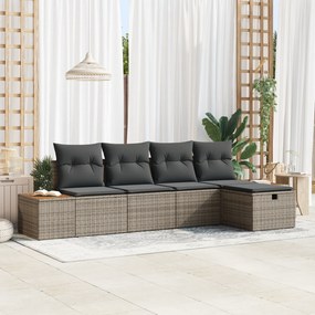Conjunto de Sofá de Jardim 5 Peças com Almofadas Cinza Polirattan, Sof