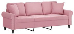 Sofá 3 lugares c/ almofadas decorativas 180 cm veludo rosa