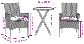 3 pcs conjunto de bistrô com almofadões vime PE/vidro cinza