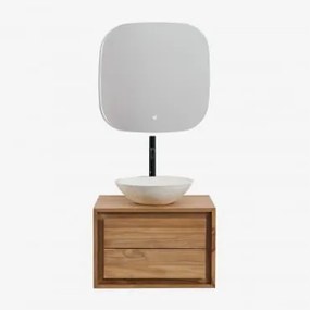 Conjunto De Móveis De Banheiro Em Madeira De Teca Jabari Madeira De Teca & Cimento Redondo Branco Ø40 Cm Zavion & Quadrado Led - Sklum
