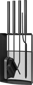 Conjunto de utensílios para lareira de 5 peças em metal, com vassoura, pá, atiçador, par de pinças e suporte, 28 x 13 x 59,5 cm, preto