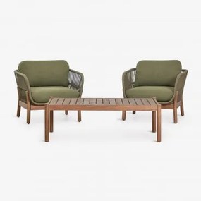 Conjunto De Sala Com 2 Poltronas Em Corda Trançada E Mesa De Centro Em Madeira De Acácia Karvia Castanho Acácia & Bouclé Verde Sálvia - Sklum
