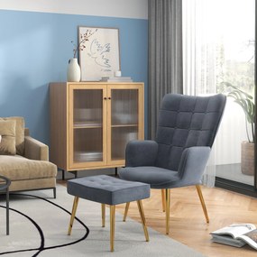 Poltrona com apoio para os pés, poltrona de sala estofada com encosto alto, pés em aço dourado e tecido de veludo, cinzento escuro