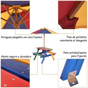 Conjunto de mesa de piquenique de madeira e guarda-sol para crianças dobrável para jardim multicolorido