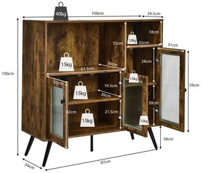 Armário de cozinha industrial com portas de vidro temperado Prateleiras ajustáveis para sala de jantar Estudo de sala de estar 100 x 39,5 x 100 cm Cas