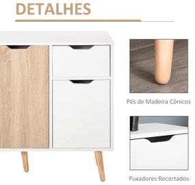 Aparador Móvel Auxiliar de Armazenamento com 2 Armários de Porta Gaveta Pés de Madeira para Sala de Estar Cozinha Dormitório 90x30x72cm Natural e Bran