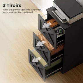Móvel Arquivador de Secretária, 40 x 40 x 101 cm, 3 Gavetas para Pastas Suspensas, Preto