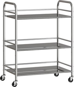 Carrinho Auxiliar cozinha com Rodas de Aço Inoxidável de 3 Níveis com Prateleira Ajustável 2 Rodas com Travão 60x35x77 cm Prateado