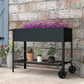 Floreira com pés para horta, 109 x 39 x 80 cm, prateleira, 2 rodas + sistema de rega em metal preto