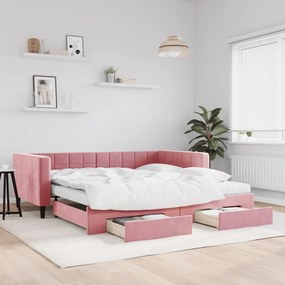 Sofá-cama com gavetão e gavetas 100x200 cm veludo rosa