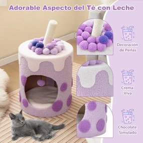 Arranhador para gatos em forma de chá de bolhas Torre para gatos com poste de arranhar em sisal e bola suspensa 67 x 37 x 37 cm roxo e branco