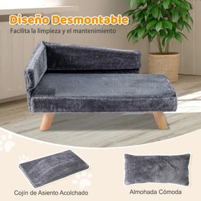 Cama elevada para animais de estimação 71 x 43 x 40 cm com almofada e travesseiro removíveis, pernas de madeira e encosto alto cinza escuro
