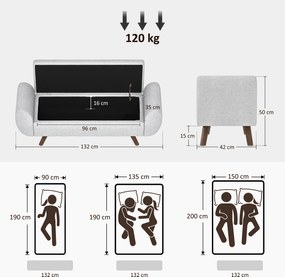 Banco com espaço de arrumação de 53,8 L, 132 x 42 x 50 cm com assento estofado em linho e braços, para sala de estar, quarto, hall de entrada, cinzent