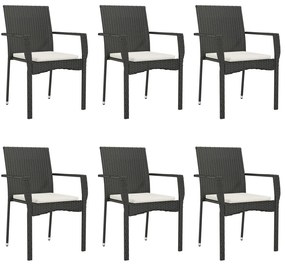 7 pcs conjunto de jantar p/ jardim c/ almofadões vime PE preto