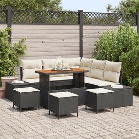 Conjunto de Sofá de Jardim VidaXL 9 Peças com Almofadas Preto Poli Rattan Acácia