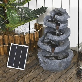 Fonte de jardim solar com cascata de 5 níveis em resina, com luzes LED e bomba, cinzenta
