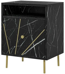 HOMCOM Mesinha de Cabeceira com Efeito Mármore Compartimento Aberto e Gaveta Mesa de Cabeceira para Quarto 39x30x50 cm Preto