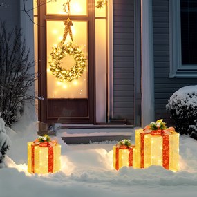Conjunto de 3 Caixas de Presente de Natal com 58 LEDs Branco Quente Enfeites Luminosos para a Árvore de Natal Dourado
