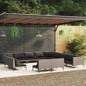 vidaXL 13 pcs conj. lounge jardim c/ almofadões vime PE cinza escuro