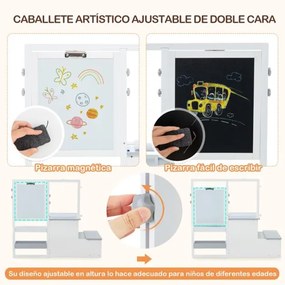 Conjunto de mesa e banco de arte para crianças com cavalete ajustável de dupla face, quadro magnético e rolos de papel substituíveis Branco e cinzento