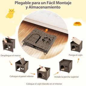 Casa de rattan para gatos de 2 andares com caverna escondida, plataforma superior e 2 almofadas macias castanho.