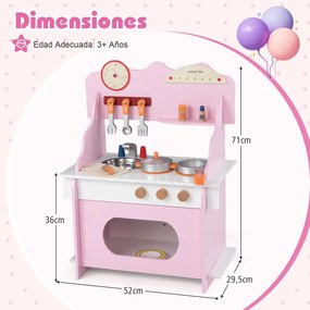 Cozinha de brincar em madeira para crianças 52 x 29,5 x 71 cm com relógio, fogão, prateleira, especiarias, torneira, lava-louças e forno para maiores